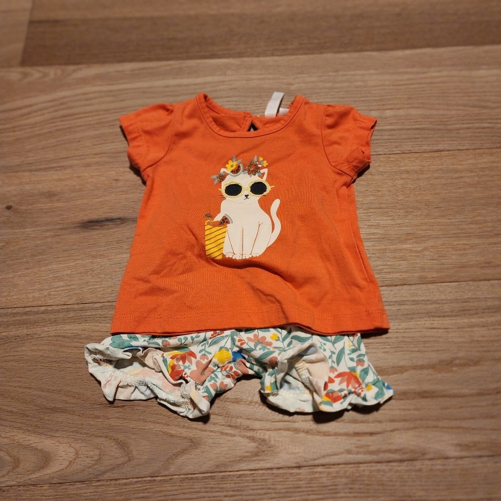 CR Kids Orange Cat Graphic T-Shirt and Floral Shorts Set
